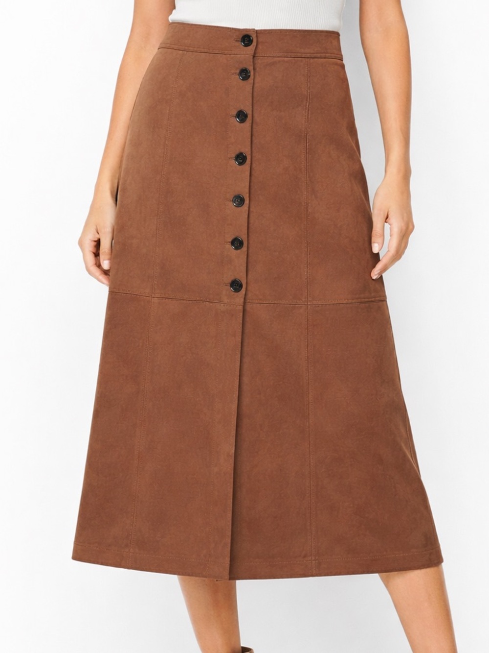 Ann Taylor Brown Faux Suede Button Front Midi Skirt Size 14 Stretch